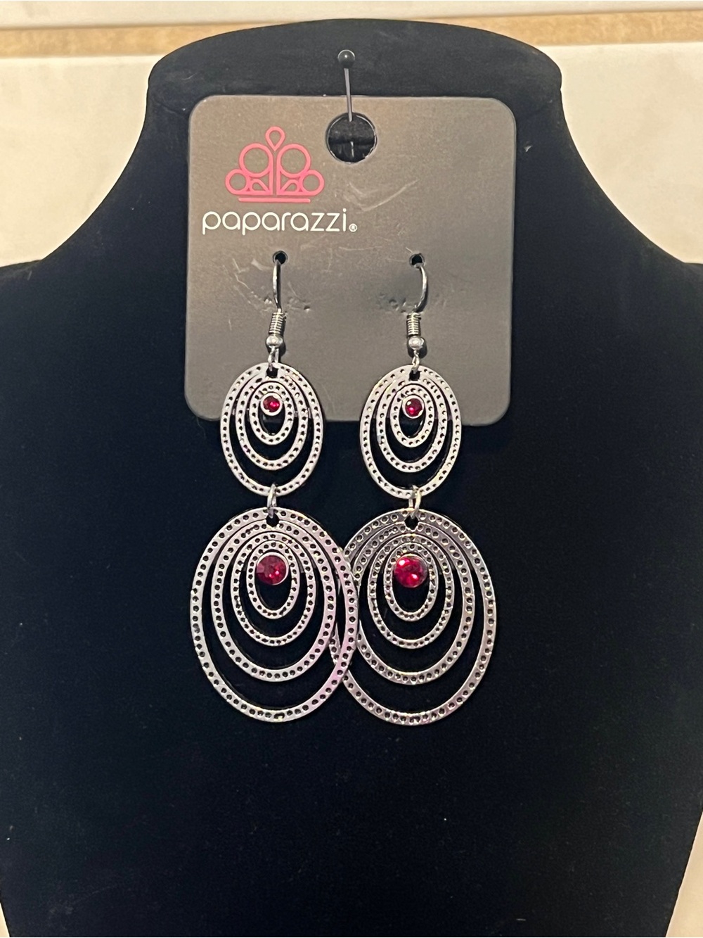Paparazzi Silver-Tone Hoop Dangle Earrings with Red Stones
